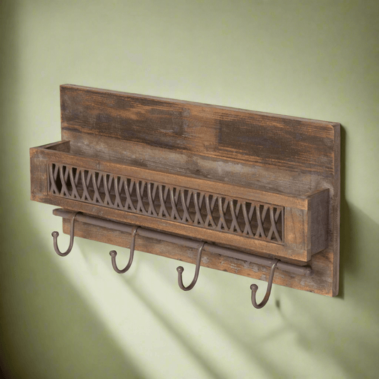 Farmhouse Wall Shelf with Hooks and Metal Lattice Accent (Online Exclusive)