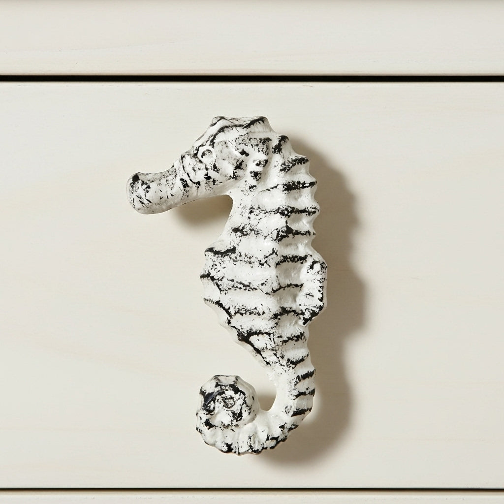 Seahorse Drawer Pull, (Online Exclusive) Distressed White Cast Iron Cabinet Knob