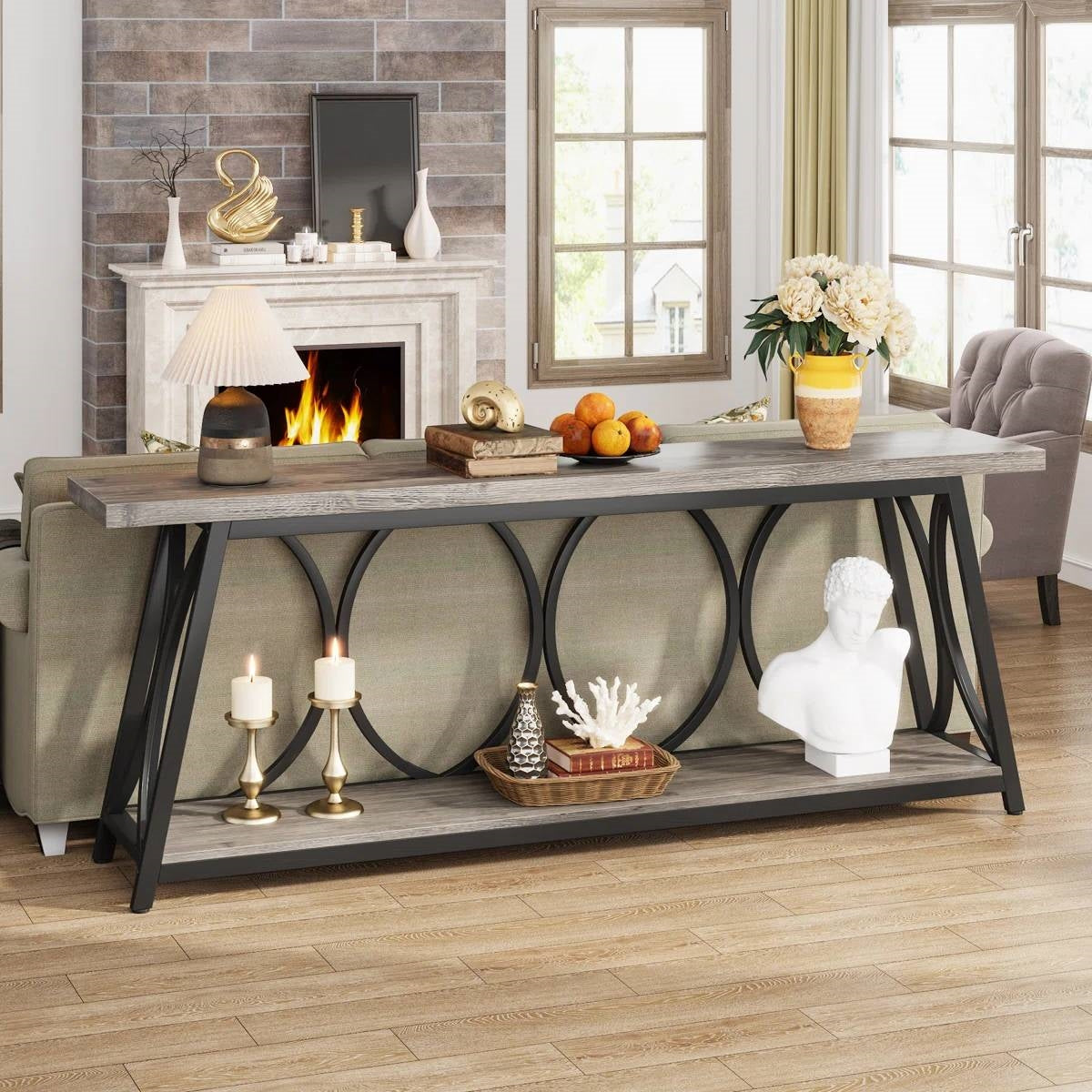 Industrial 70-inch Grey Wood Top Sofa Table with Heavy Duty Black Metal Frame  (Online Exclusive)