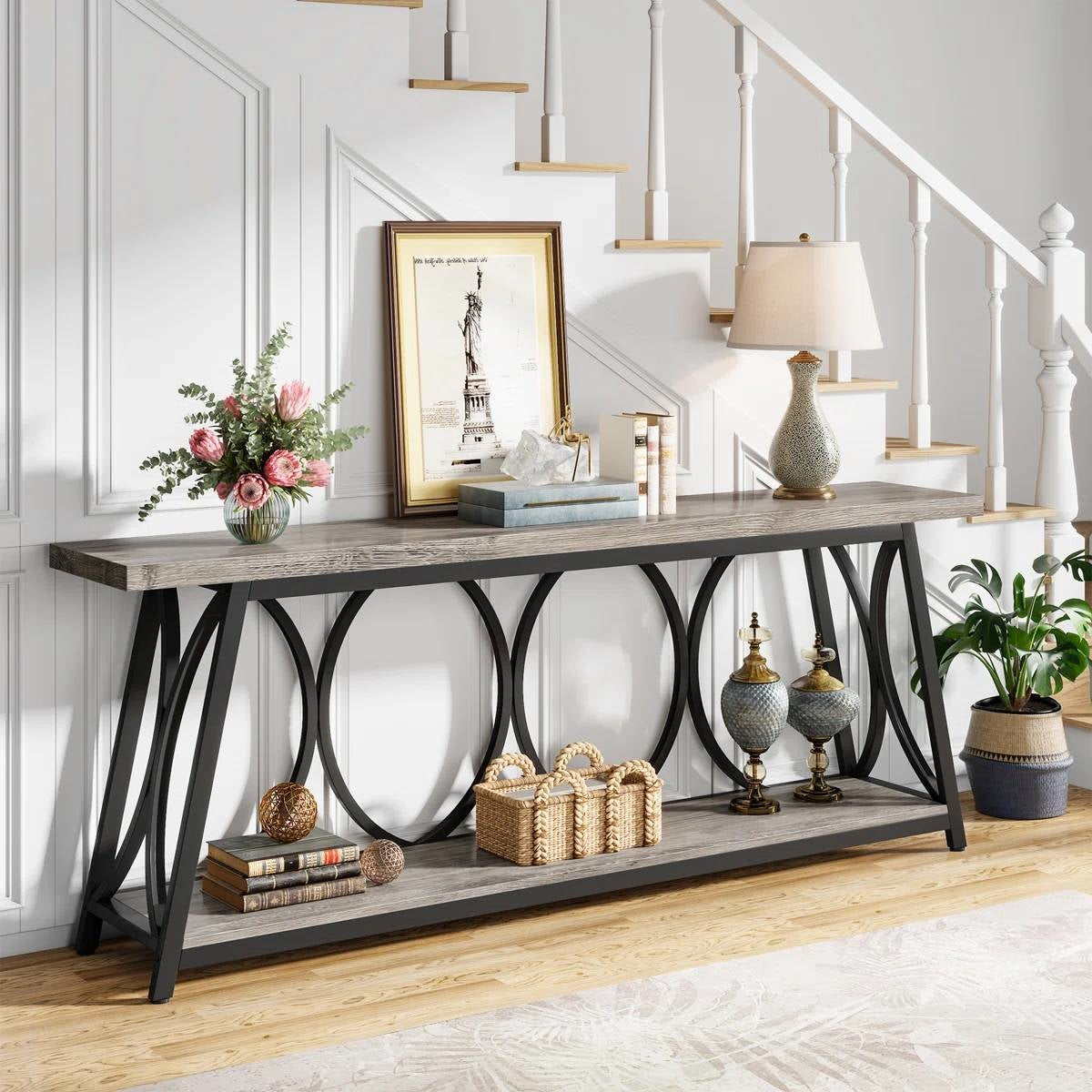 Industrial 70-inch Grey Wood Top Sofa Table with Heavy Duty Black Metal Frame  (Online Exclusive)