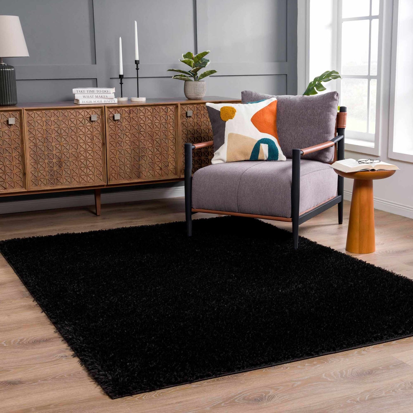 Faina Solid Black Shag Washable Area Rug - Clearance   (online exclusive