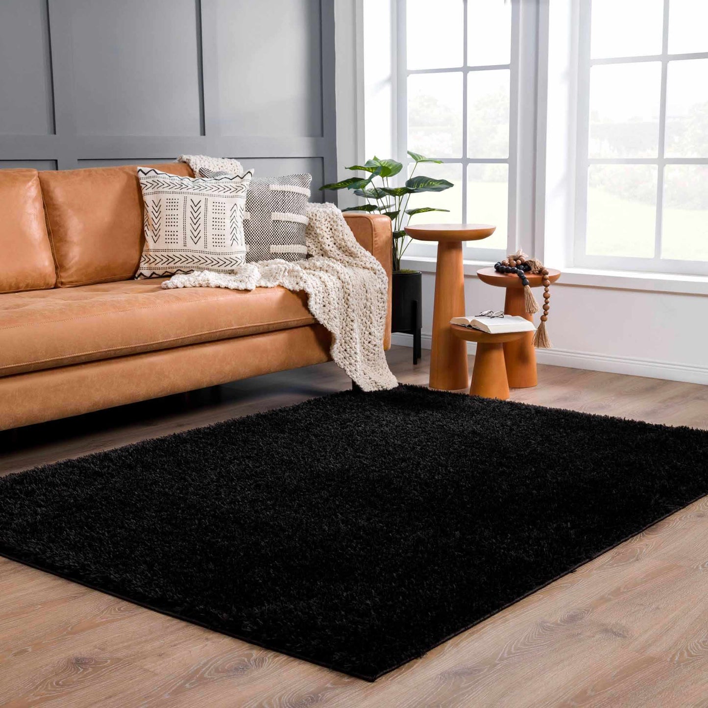 Faina Solid Black Shag Washable Area Rug - Clearance   (online exclusive