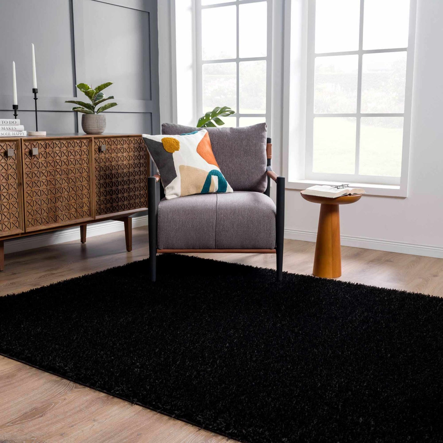 Faina Solid Black Shag Washable Area Rug - Clearance   (online exclusive