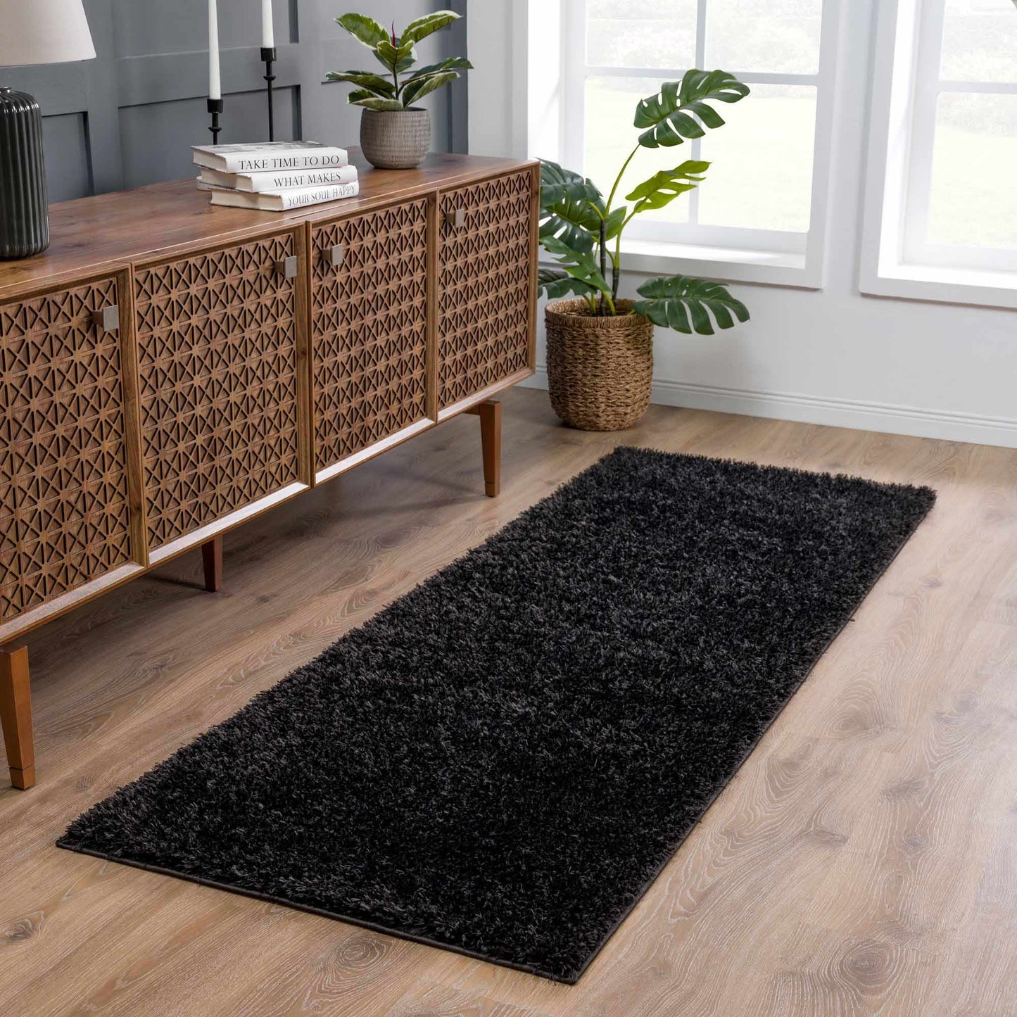 Faina Solid Black Shag Washable Area Rug - Clearance   (online exclusive