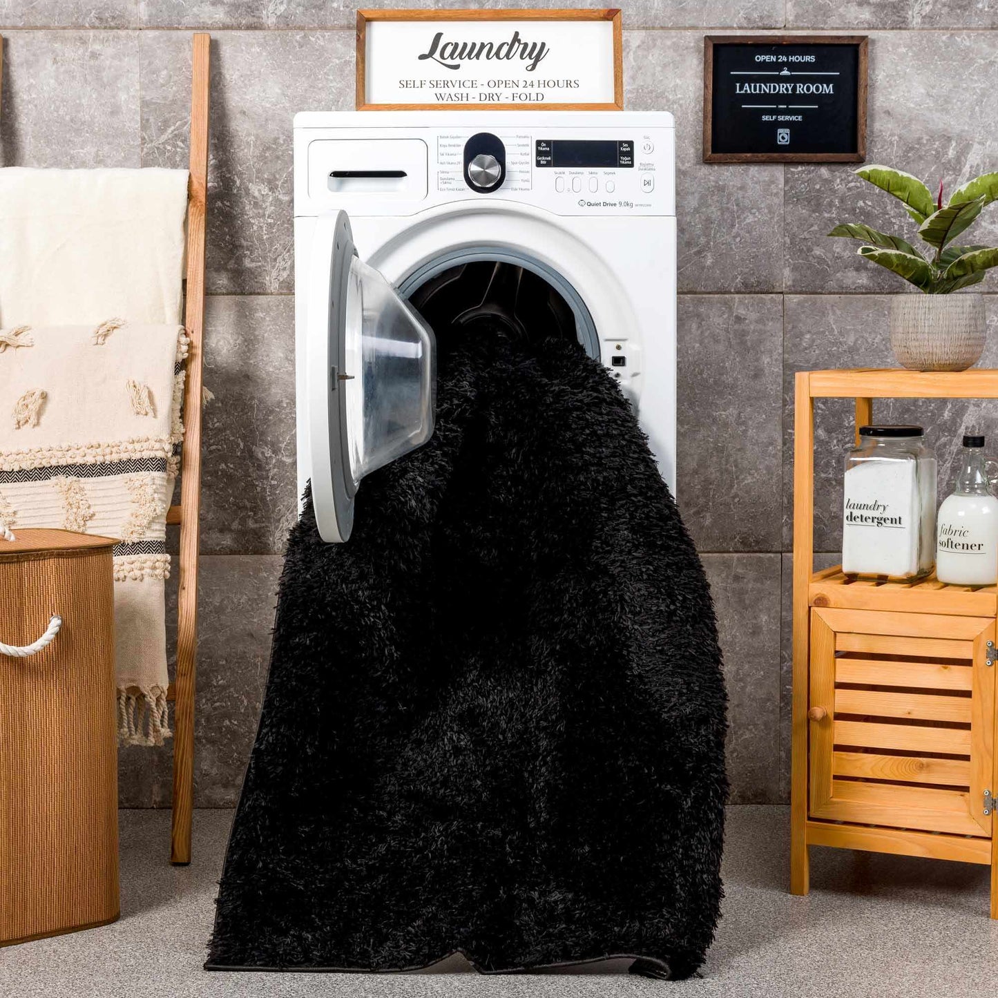 Faina Solid Black Shag Washable Area Rug - Clearance   (online exclusive