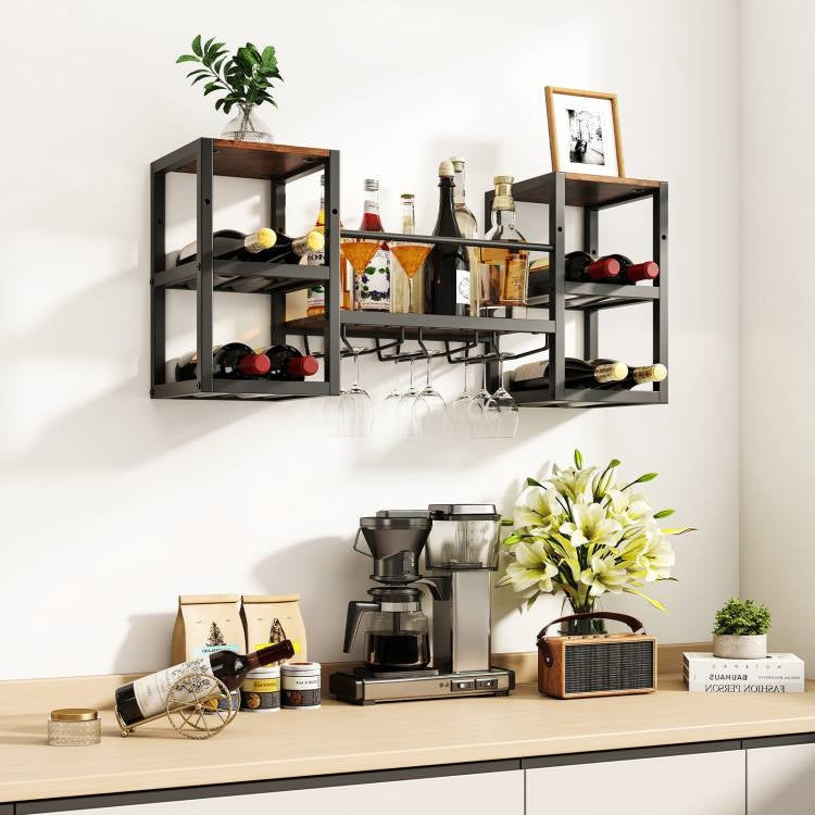 Industrial Wood Metal Wall Mounted Wine Rack Shelf with Glass Holders  (Online Exclusive)