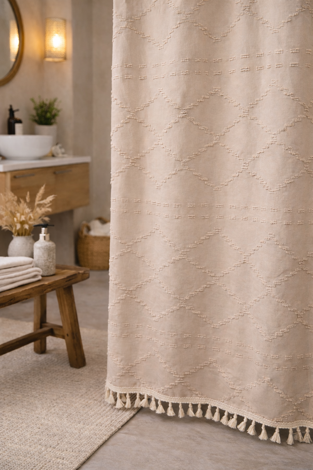 Valencia Tufted Beige Shower Curtain (Online Exclusive)