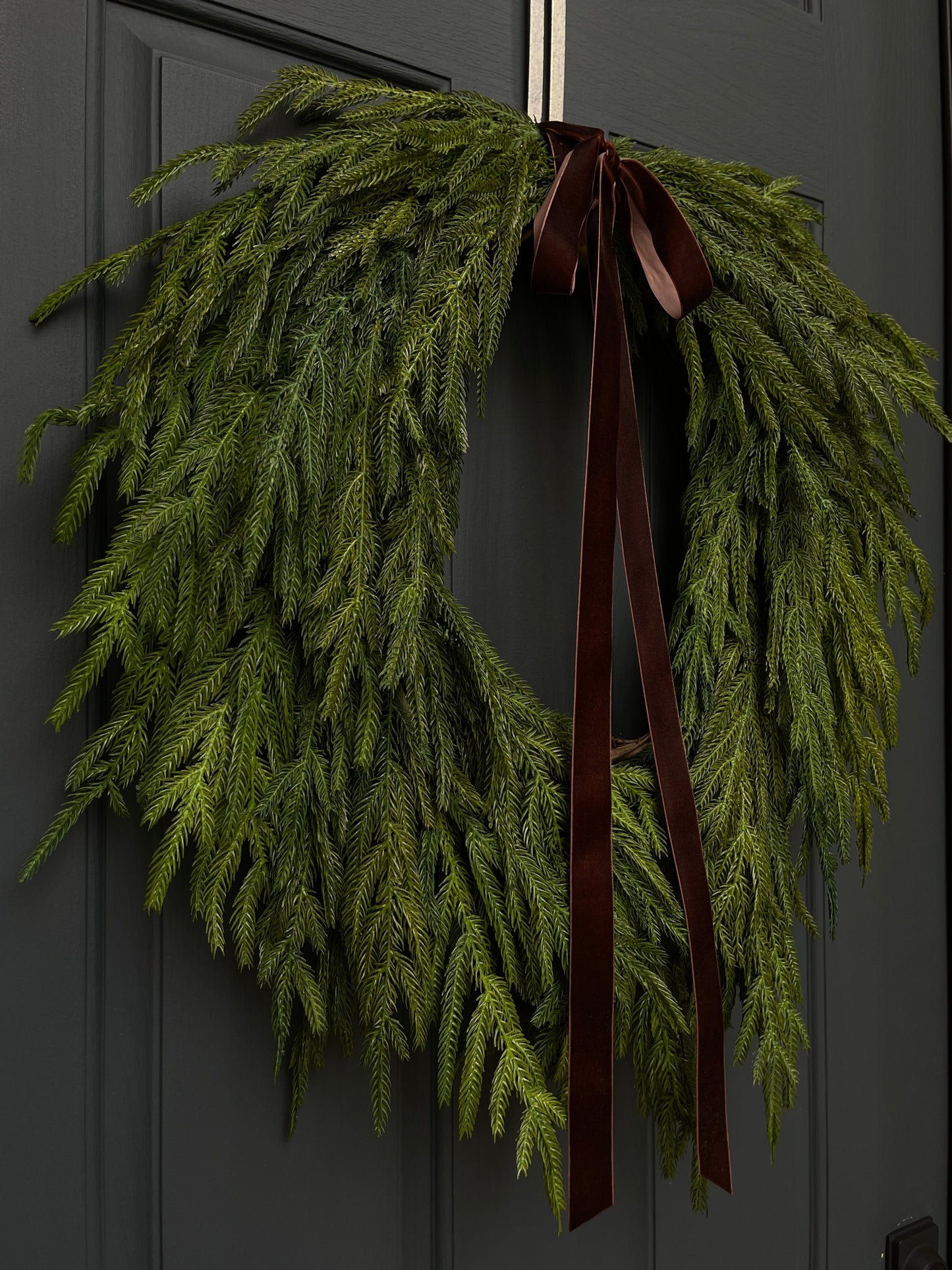 Faux Norfolk Pine Wreath with Dark Brown Velvet Bow (Online Exclusive)