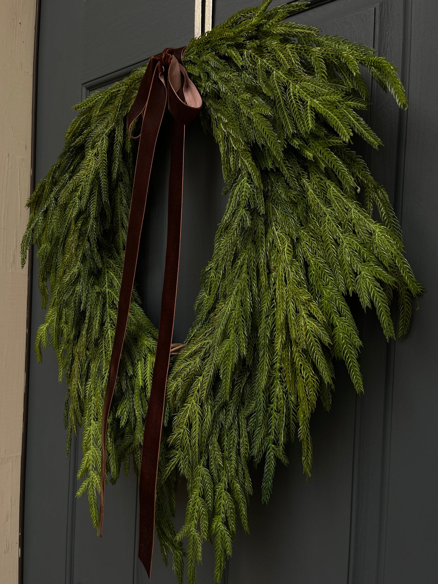 Faux Norfolk Pine Wreath with Dark Brown Velvet Bow (Online Exclusive)