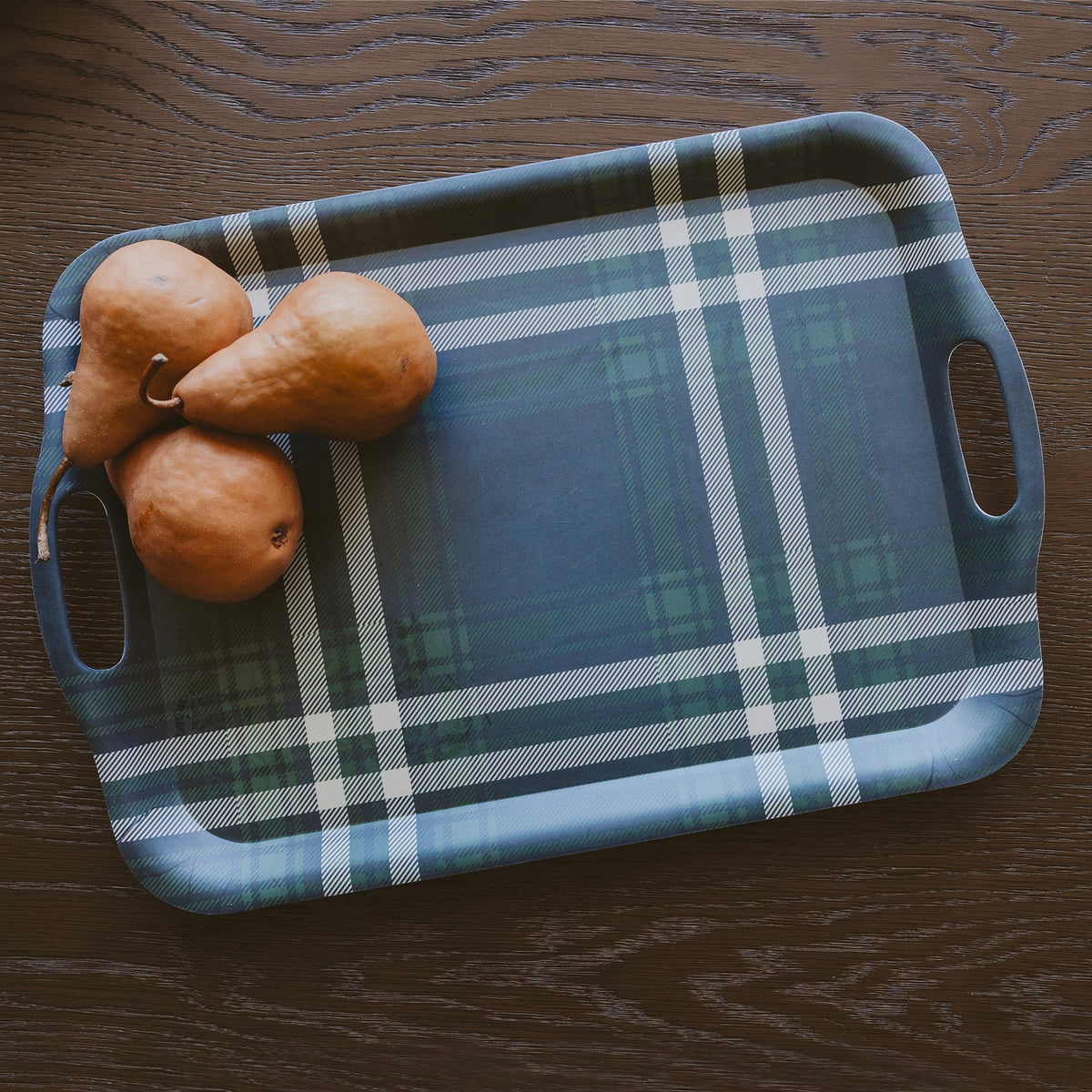 Navy Green Plaid Large Melamine Tray with Handles  (Online Exclusive