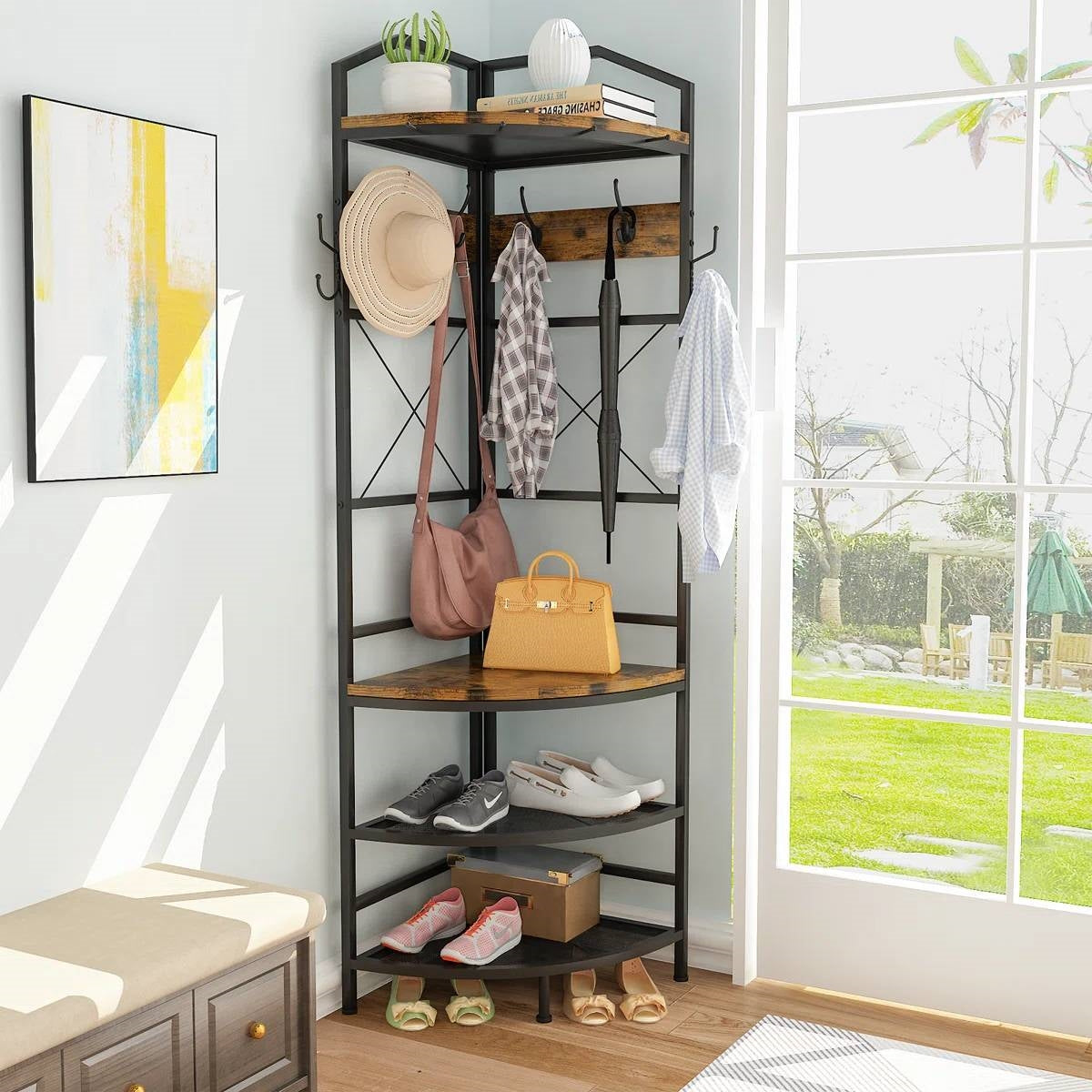 Industrial Metal/Wood Corner Hall Tree Shoe Storage Bench Coat Rack  (Online Exclusive)