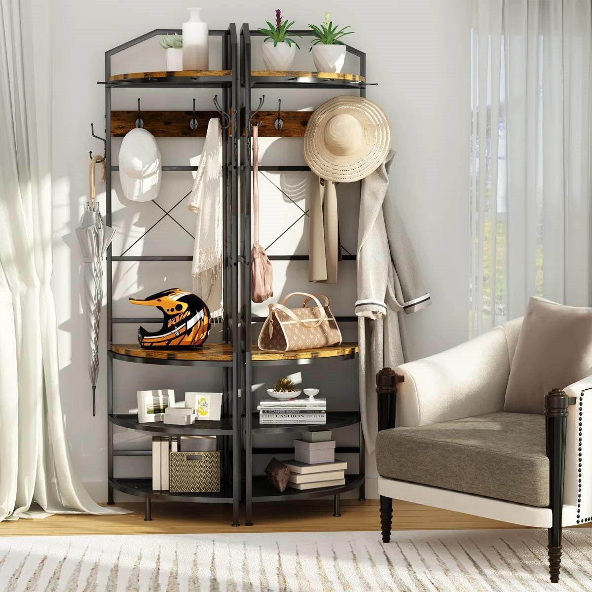 Industrial Metal/Wood Corner Hall Tree Shoe Storage Bench Coat Rack  (Online Exclusive)