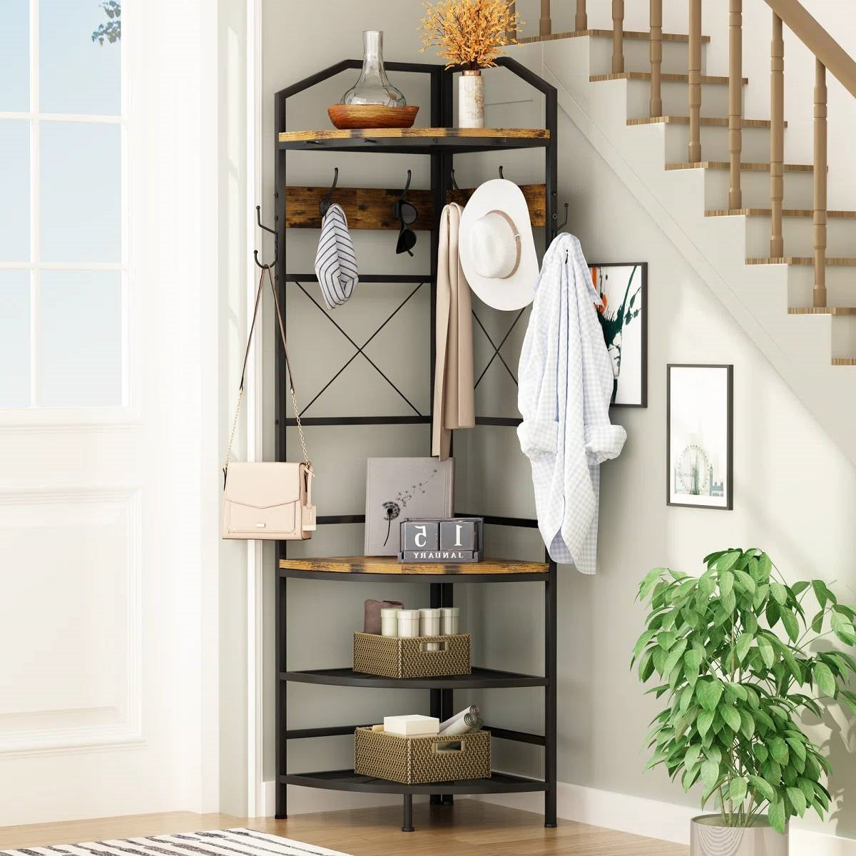 Industrial Metal/Wood Corner Hall Tree Shoe Storage Bench Coat Rack  (Online Exclusive)