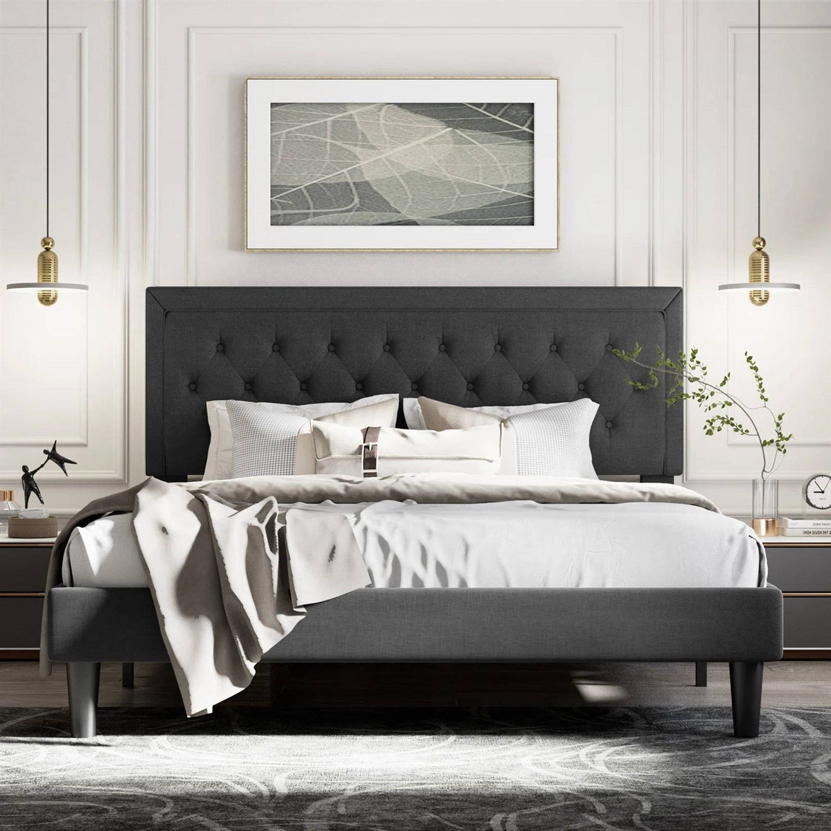 King Black Linen Upholstered Platform Bed Frame with Button-Tufted Headboard (Online Exclusive)
