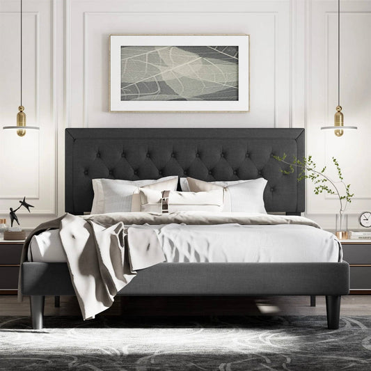 King Black Linen Upholstered Platform Bed Frame with Button-Tufted Headboard (Online Exclusive)