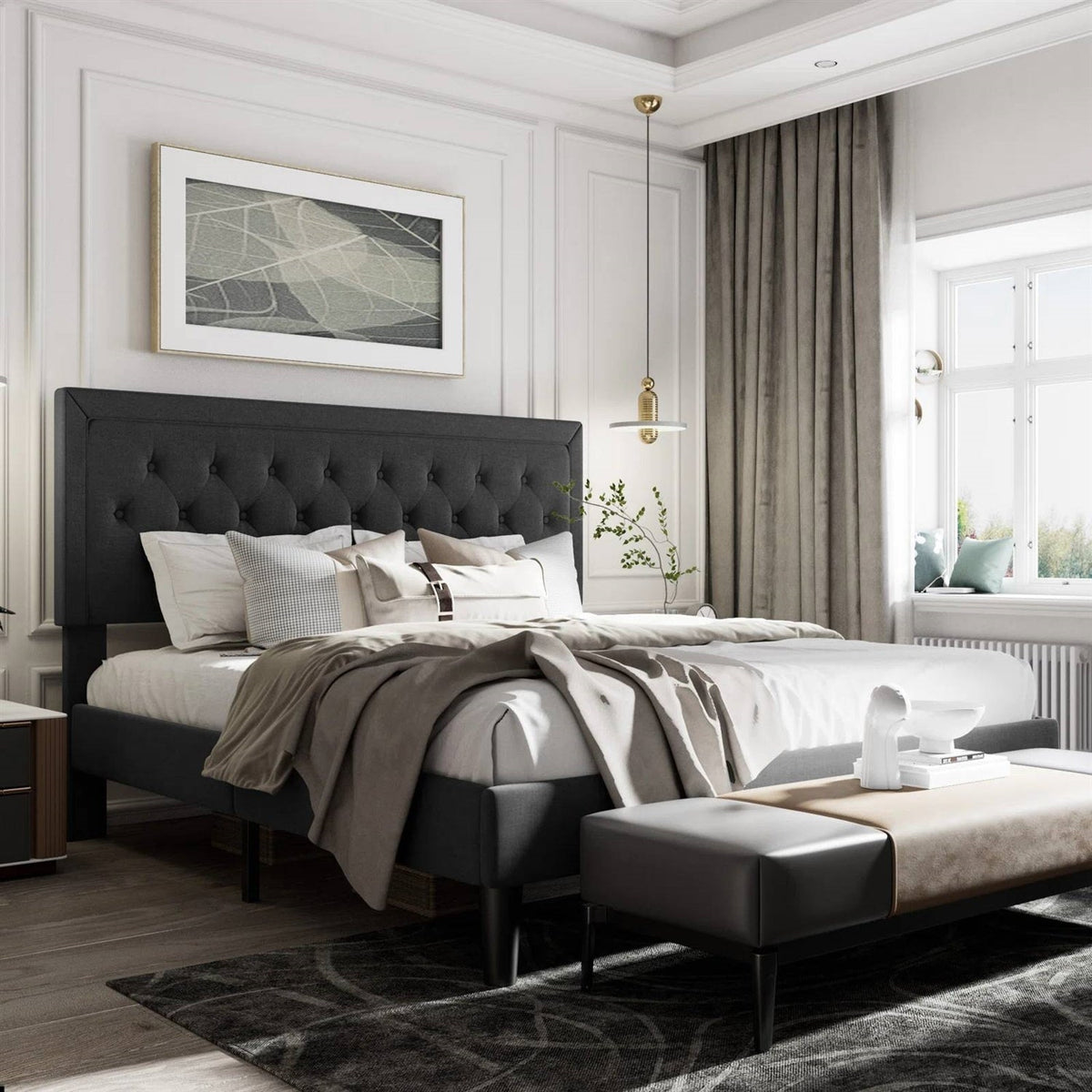 King Black Linen Upholstered Platform Bed Frame with Button-Tufted Headboard (Online Exclusive)