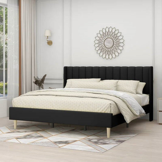 King size Mid-Century Black Linen Platform Bed Frame with Upholstered Headboard (Online Exclusive)