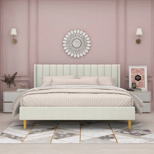 King Mid-Century Platform Bed Frame with Cream Velvet Upholstered Headboard (Online Exclusive)
