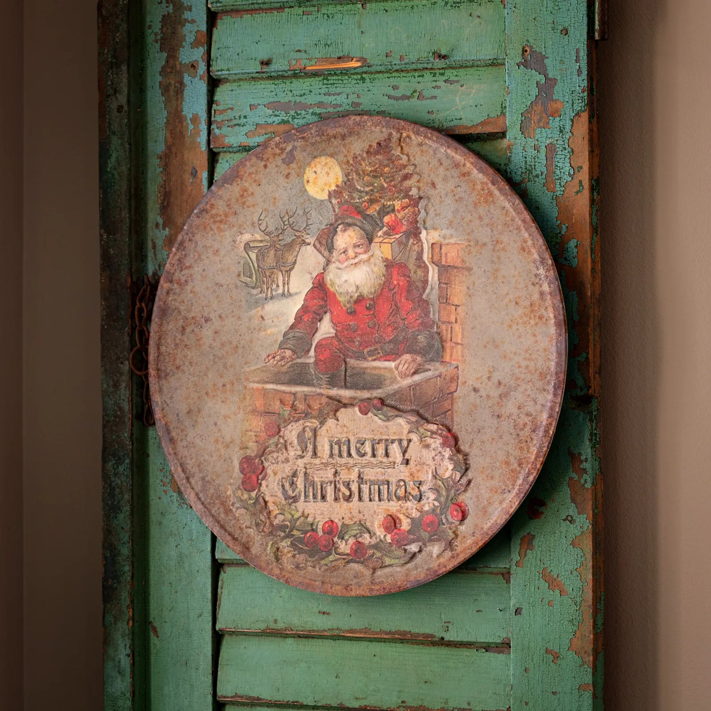 MERRY CHRISTMAS SANTA EMBOSSED ROUND METAL SIGN