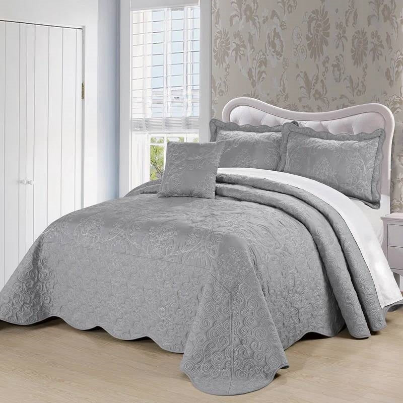 Queen size Ash Grey Damask Embroidered 4 Piece    Oversized Bedspread Set (Online Exclusive)
