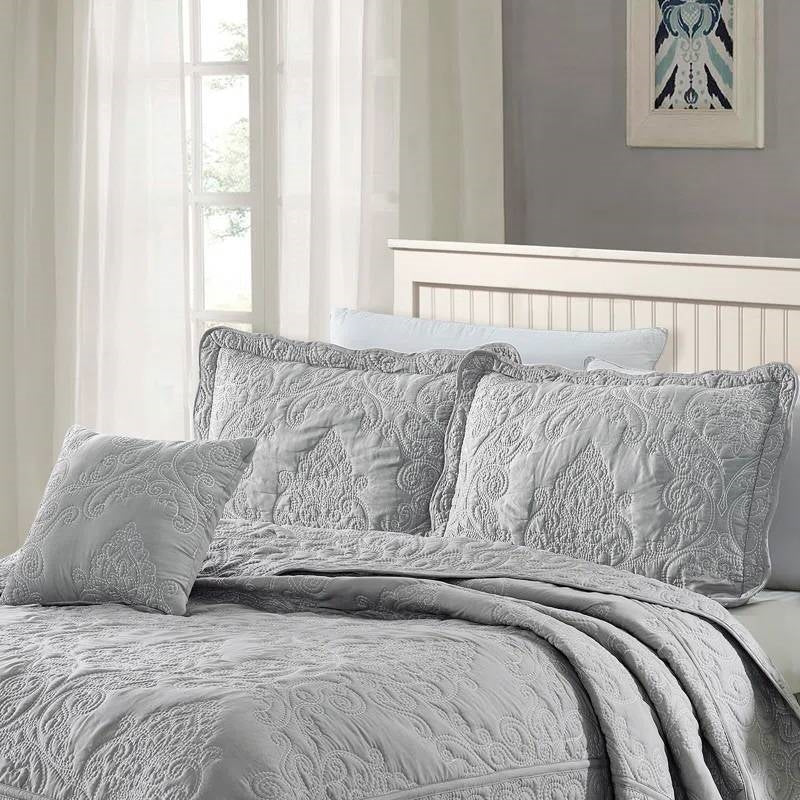 Queen size Ash Grey Damask Embroidered 4 Piece    Oversized Bedspread Set (Online Exclusive)