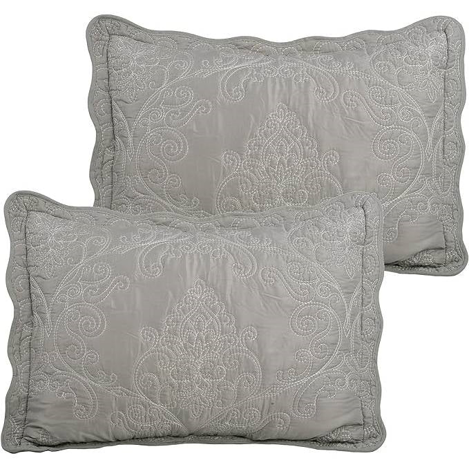 Queen size Ash Grey Damask Embroidered 4 Piece    Oversized Bedspread Set (Online Exclusive)