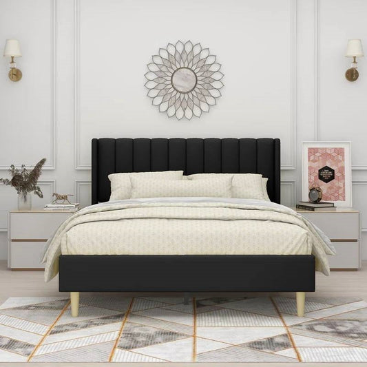 Queen size Mid-Century Black Linen Platform Bed Frame with Upholstered Headboard (Online Exclusive)