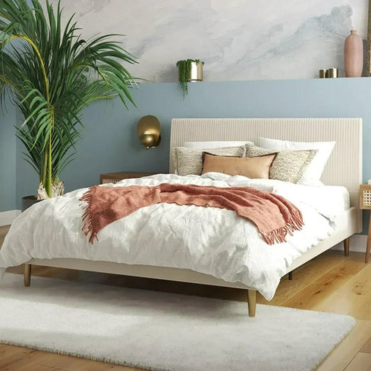 Queen Mid-Century Ivory Cream Velvet Upholstered Platform Bed with Headboard (Online Exclusive)