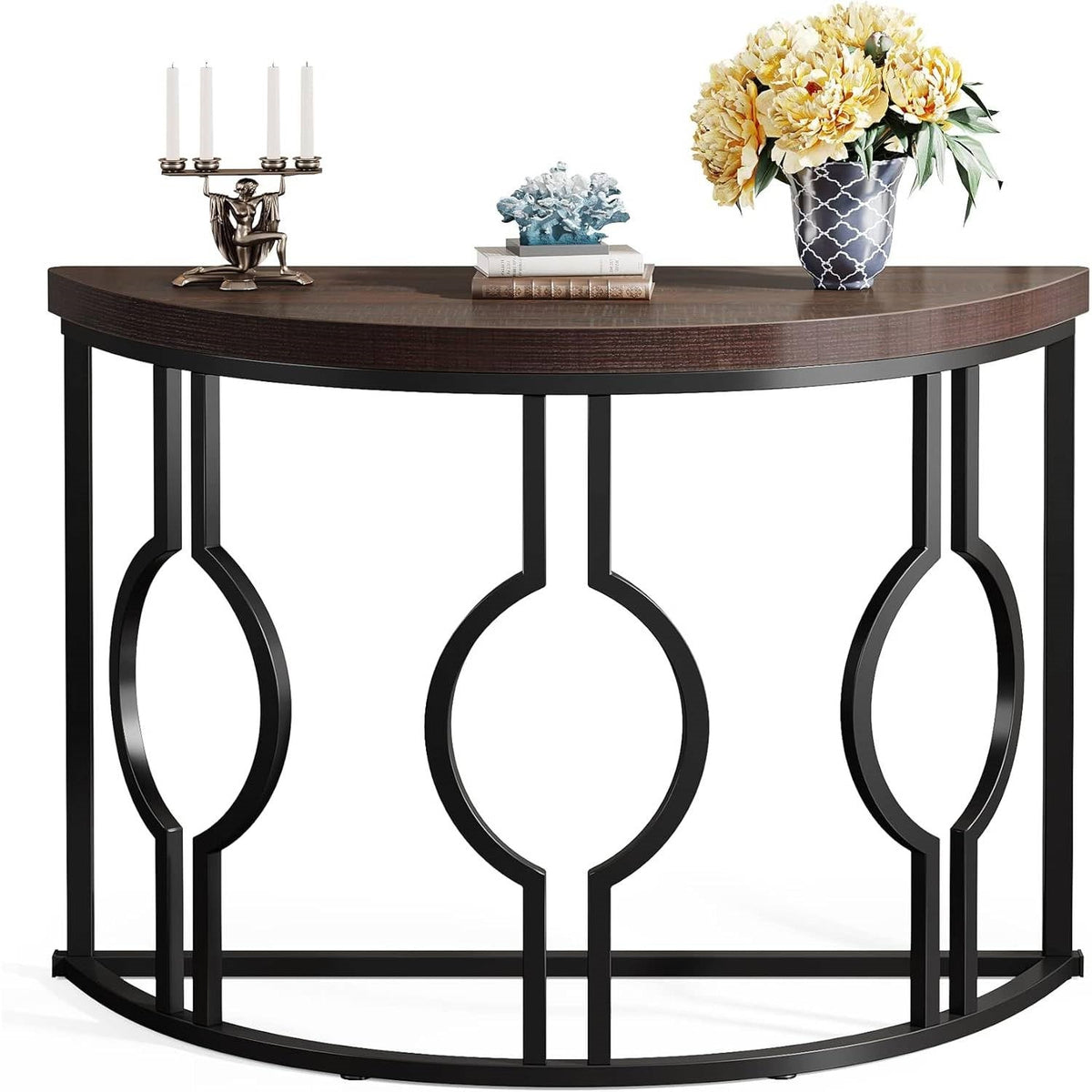 Modern 43-inch Half Moon Accent Console Table   (Online Exclusive) with Brown Wood Top Black Frame