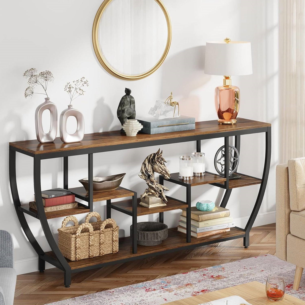 Industrial Modern 70-inch Long Narrow Console Sofa Table with Brown Wood Shelves (Online Exclusive)