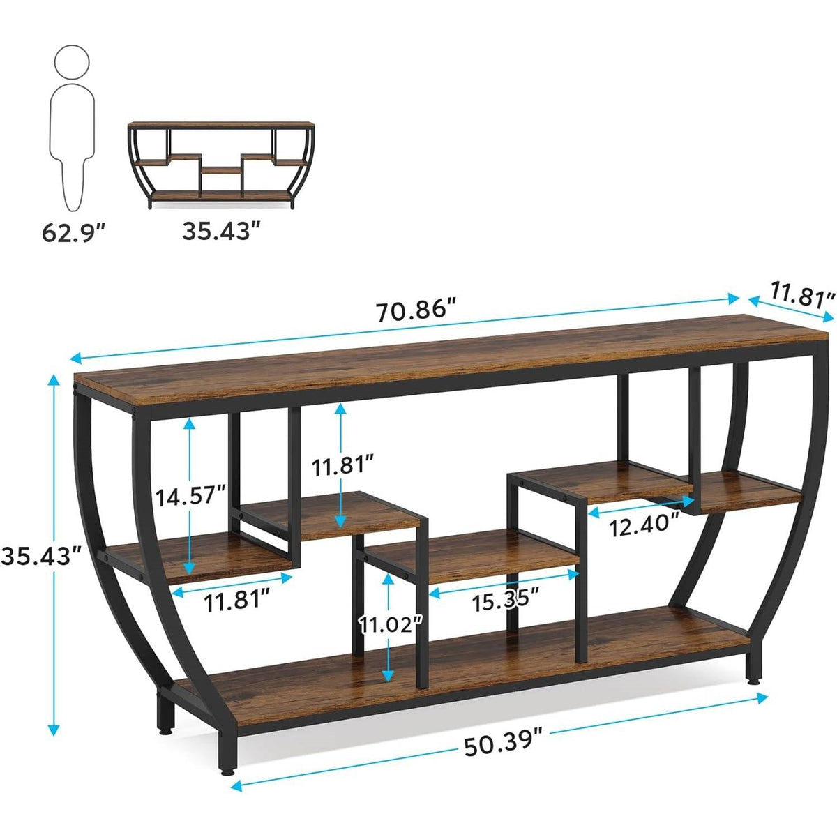 Industrial Modern 70-inch Long Narrow Console Sofa Table with Brown Wood Shelves (Online Exclusive)