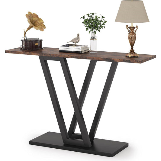 Modern 43-inch Narrow Entryway Table with Brown (Online Exclusive) Wood Top and Black Metal Frame