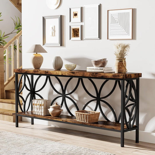 Modern 70-inch Long Narrow Console Sofa Table with Brown Wood Top and Shelf (Online Exclusive)