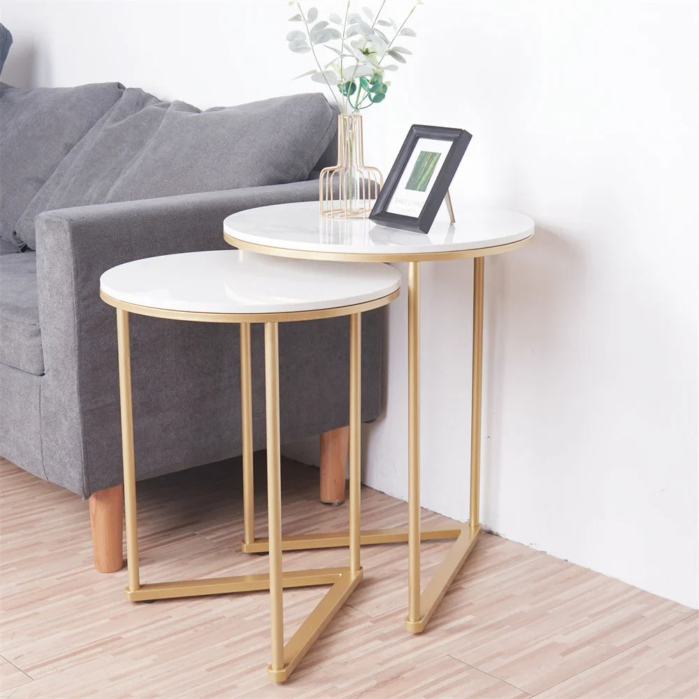 Modern Round Marble Metal Base Nesting Set Side Accent Table Living Room Storage Small End Table, Set of 2, Marble and Gold  (Online Exclusive)