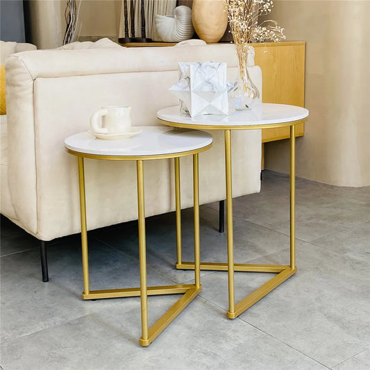 Modern Round Marble Metal Base Nesting Set Side Accent Table Living Room Storage Small End Table, Set of 2, Marble and Gold  (Online Exclusive)