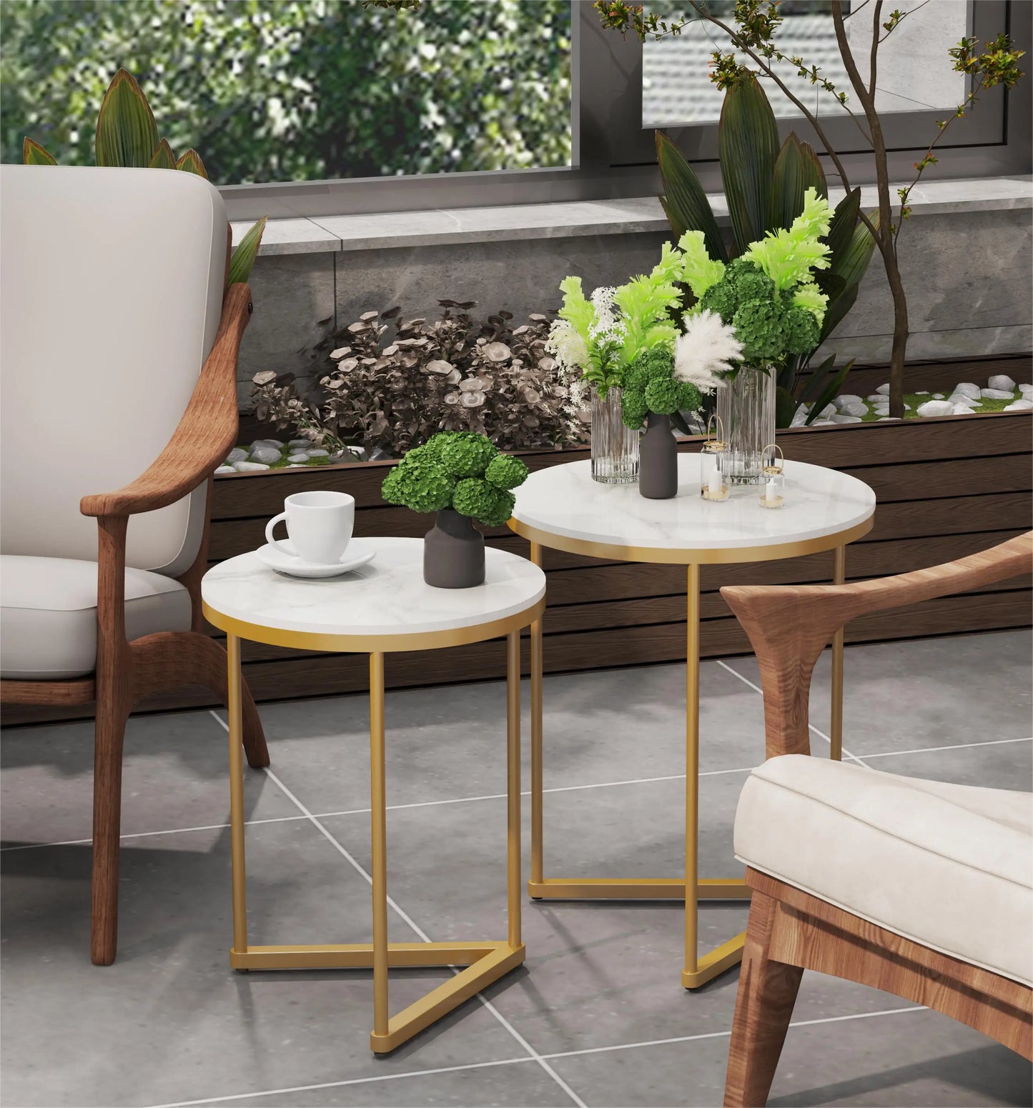 Round Nesting Sofa Side End Table with Gold Metal Frame, High Grade Marble Stone, Coffee Table, 2Pcs  (Online Exclusive)