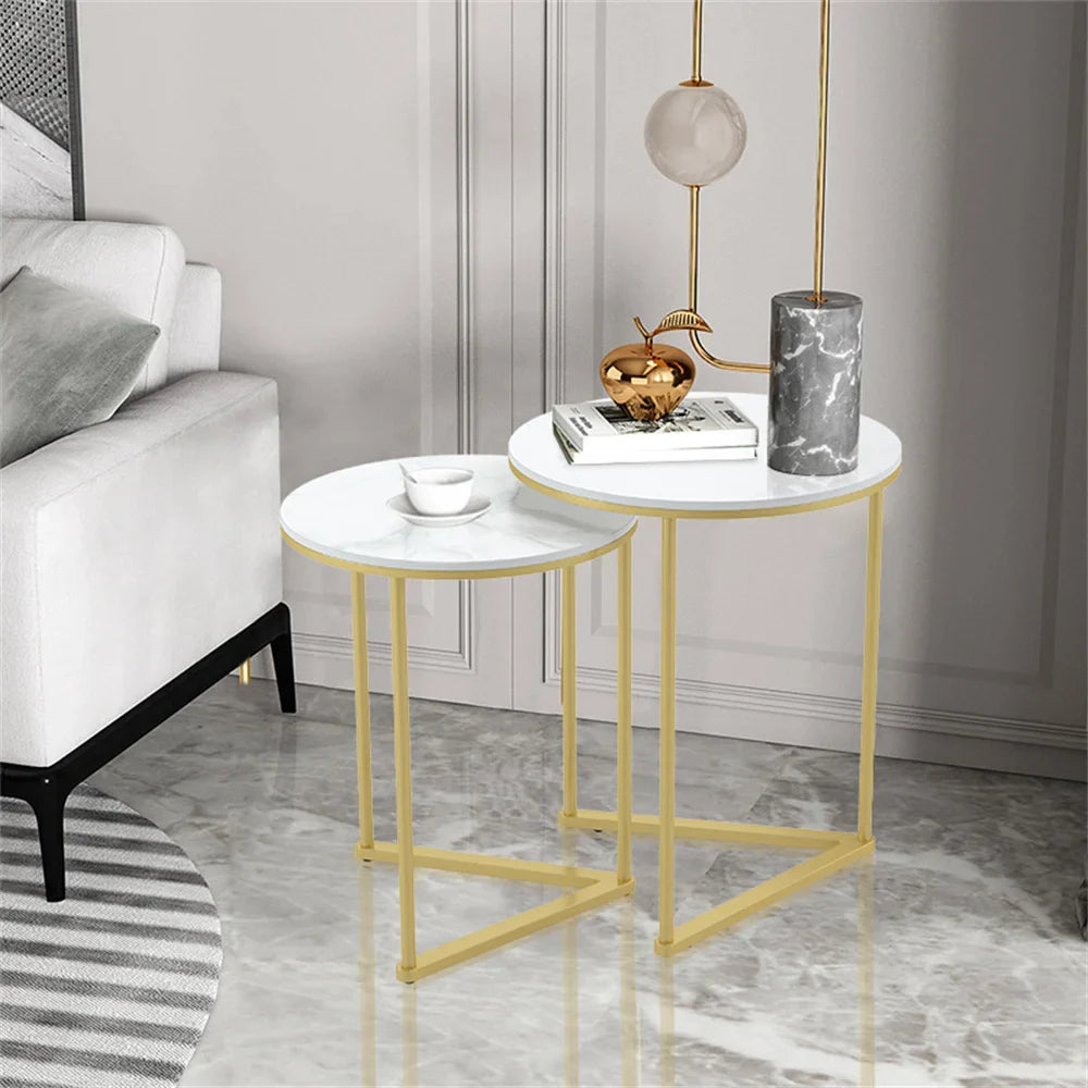 Modern Round Marble Metal Base Nesting Set Side Accent Table Living Room Storage Small End Table, Set of 2, Marble and Gold  (Online Exclusive)