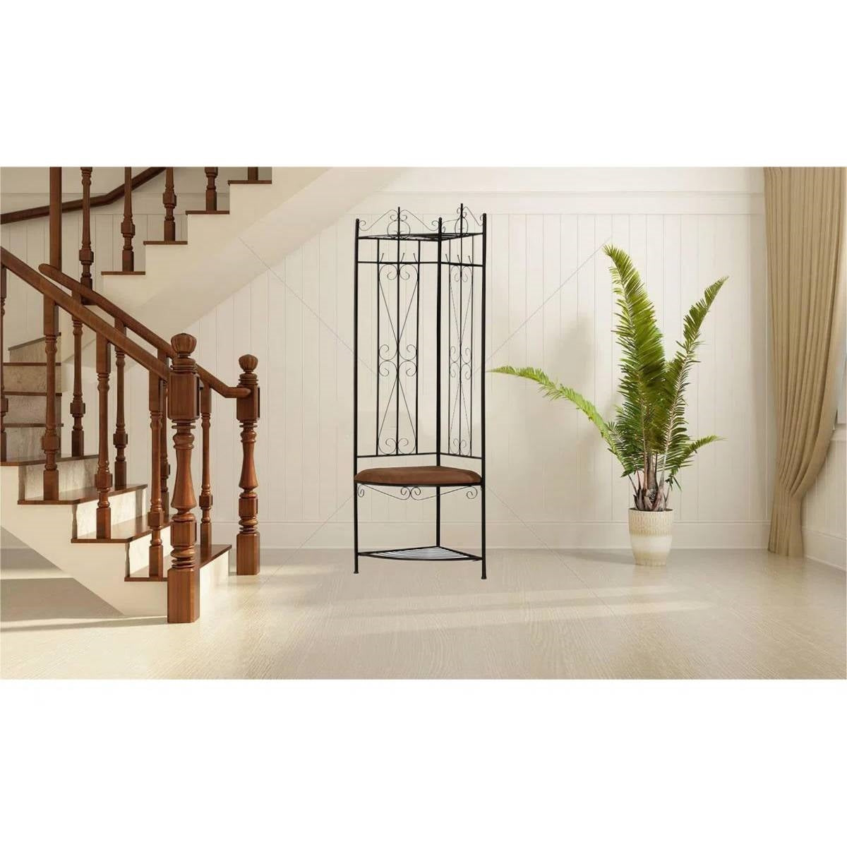 Black Metal Scrolling Corner Hall Tree Coat Rack Storage Bench  (Online Exclusive)