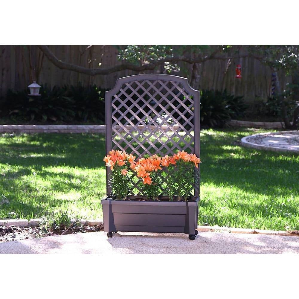 Outdoor Self-Watering Garden Planter with Trellis and Wheels in Grey Plastic  (Online Exclusive)
