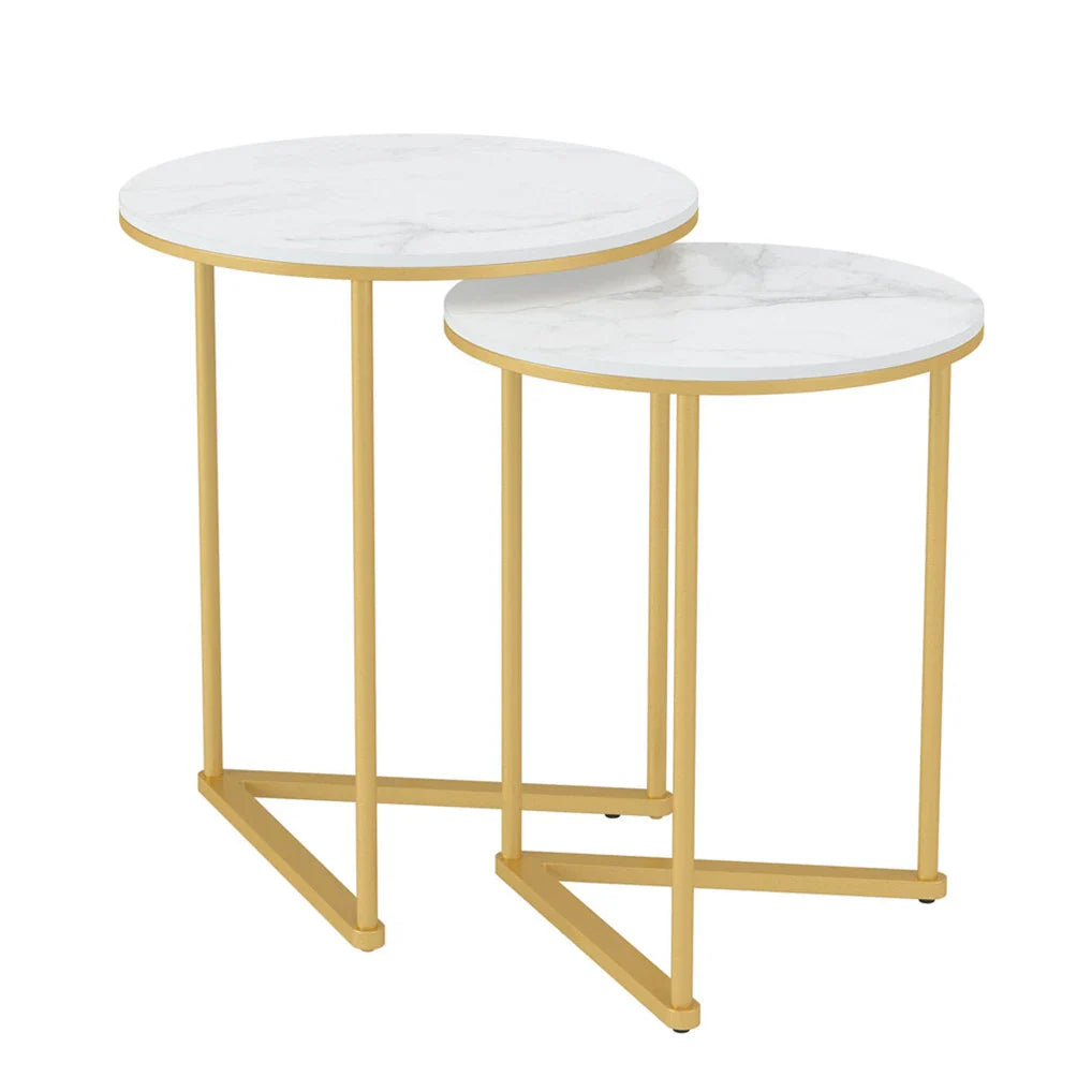 Round Nesting Sofa Side End Table with Gold Metal Frame, High Grade Marble Stone, Coffee Table, 2Pcs  (Online Exclusive)