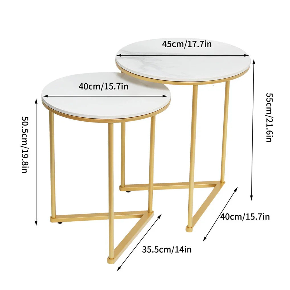 Round Nesting Sofa Side End Table with Gold Metal Frame, High Grade Marble Stone, Coffee Table, 2Pcs  (Online Exclusive)