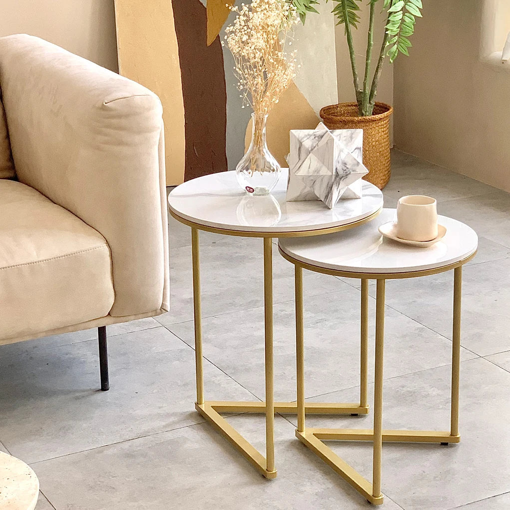 Round Nesting Sofa Side End Table with Gold Metal Frame, High Grade Marble Stone, Coffee Table, 2Pcs  (Online Exclusive)