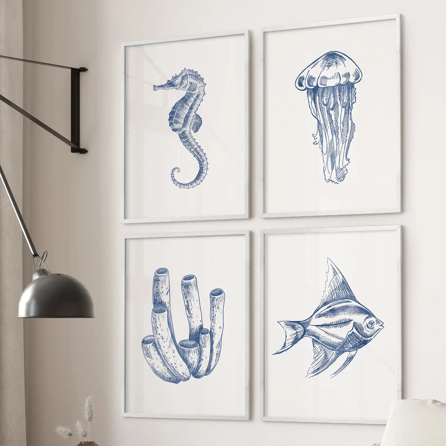 Blue Coastal Artwork. Set of 4 Posters. Jellyfish, Fish  Print  (online exclusive)