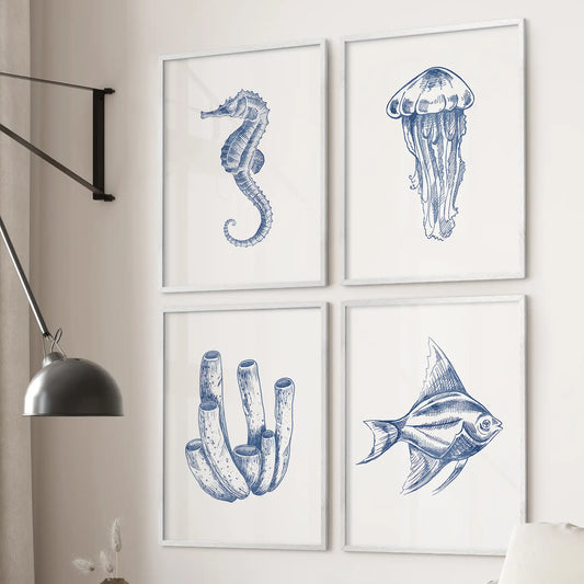 Blue Coastal Artwork. Set of 4 Posters. Jellyfish, Fish  Print  (online exclusive)