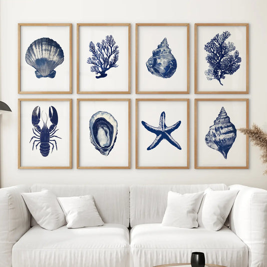 Set of 8 Nautical Prints. Starfish, Shell, Seaweed, Lobster  (online exclusive)