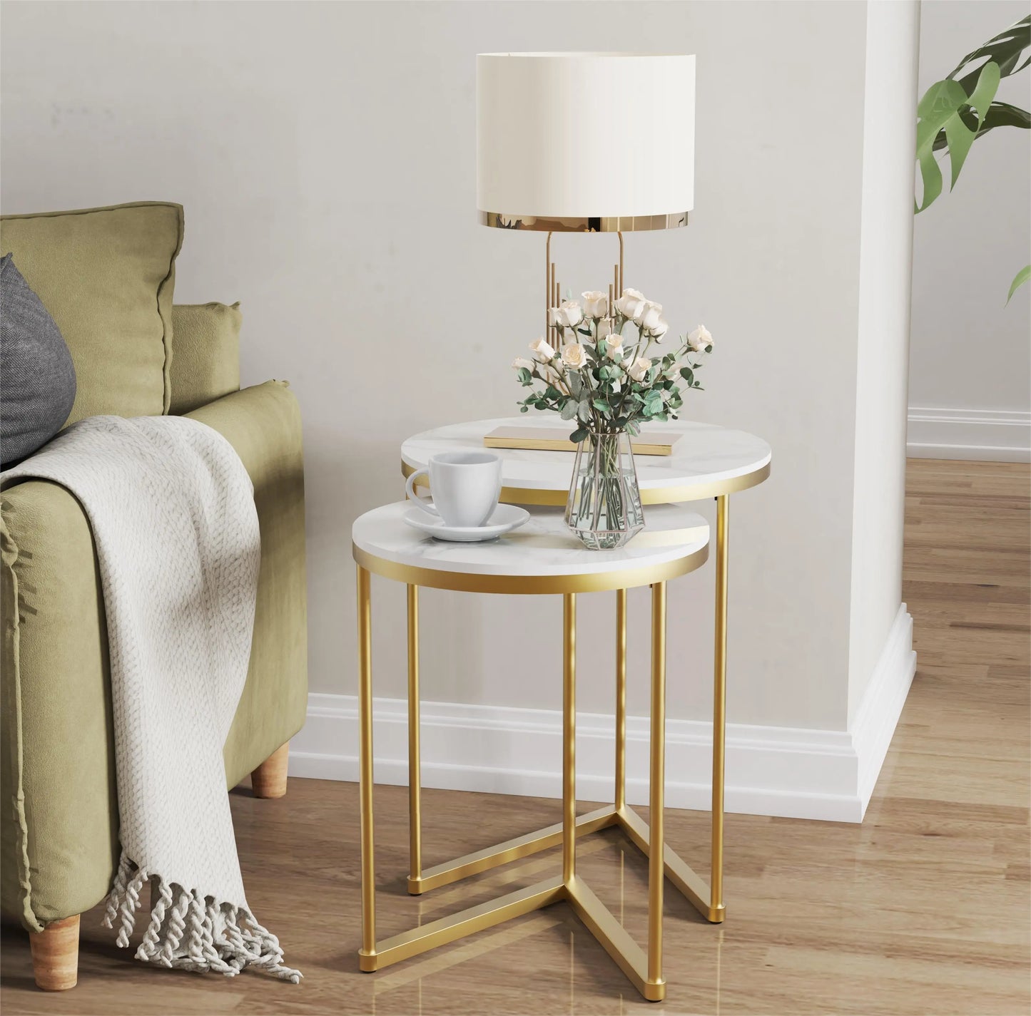 Round Nesting Sofa Side End Table with Gold Metal Frame, High Grade Marble Stone, Coffee Table, 2Pcs  (Online Exclusive)