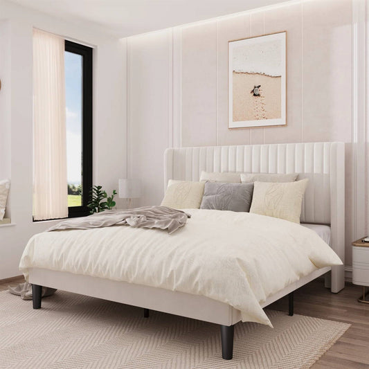 Queen size White Velvet Upholstered Platform Bed Frame with Wingback Headboard (Online Exclusive)