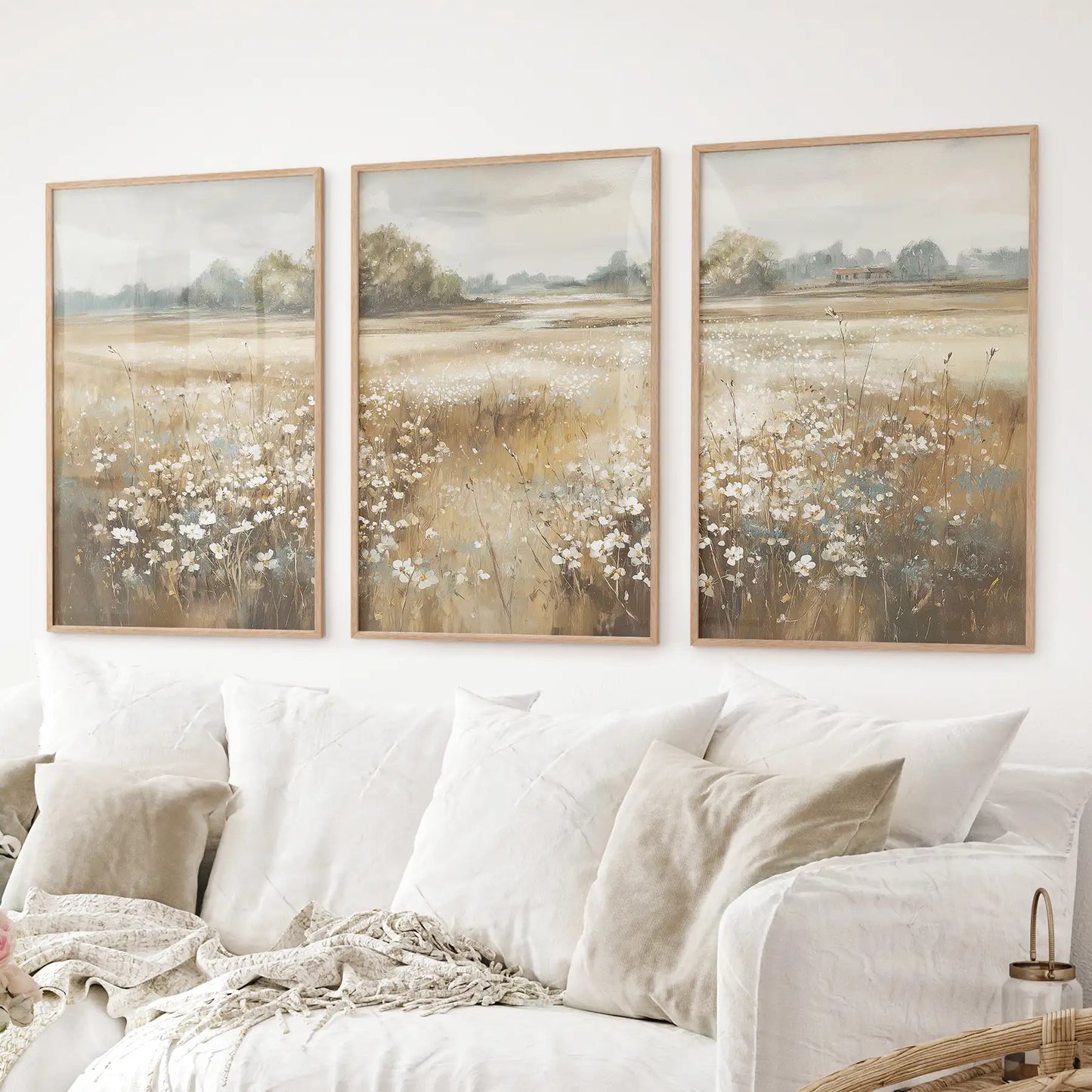 Neutral Floral Field Art Set of 3. Rustic Landscape  (online exclusive)