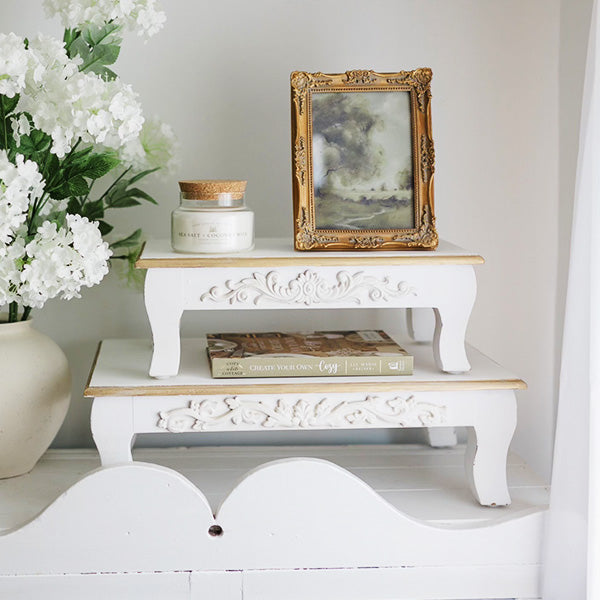 Antique Inspired Ornate White Wood Risers, Set of Two (Online Exclusive)