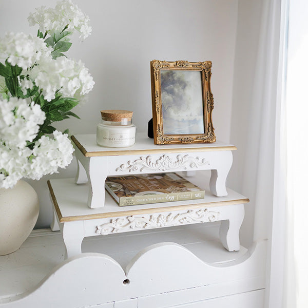 Antique Inspired Ornate White Wood Risers, Set of Two (Online Exclusive)